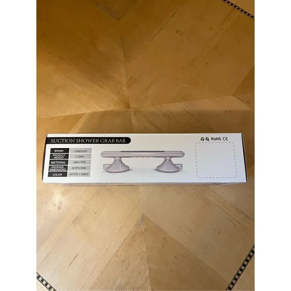 New in Box! Loresjoy White Gray Suction Shower Grab Bar